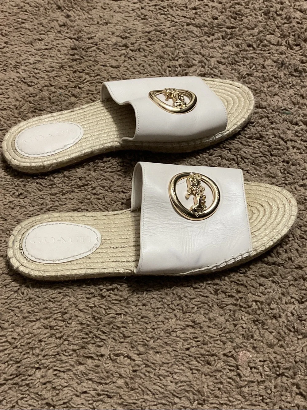 Coach White Leather Slide Sandals with Gold Coach Horse & Carriage Emblem